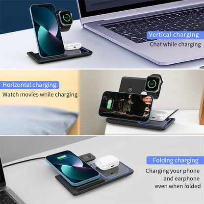 3 In 1 Wireless Charger Stand Pad Foldable 15W Fast Charging Dock Station For iPhone 15 14 13 12 Pro Max Apple Watch 8 7 Airpods