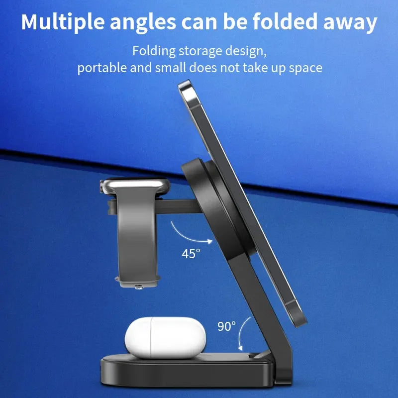 3 In 1 Magnetic Wireless Charger Stand Pad Foldable Fast Charging Station Dock For iPhone 15 14 13 12 Pro Max IWatch 8 7 Airpods