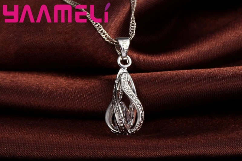 Hot Water Drop CZ 925 Sterling Silver Plated Jewelry Set For Women Pendant Necklace Hoop Earrings Wedding Party Ceremoey Anel