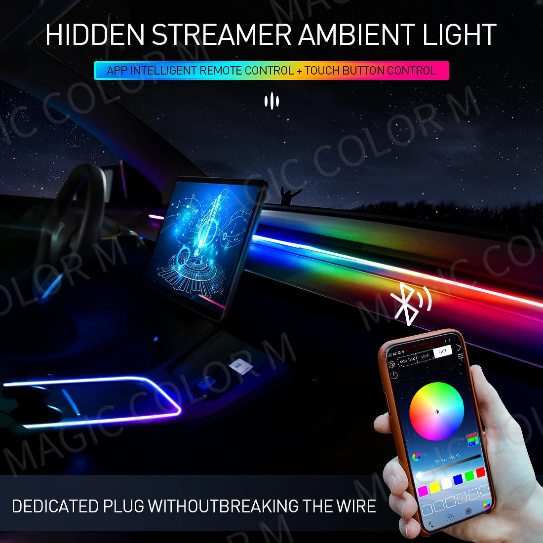 140cm 55.12" Car Sunroof Ambient Lights LED Skylight Symphony RGB Interior Acrylic Strips Decoration Atmosphere Lamp App Control