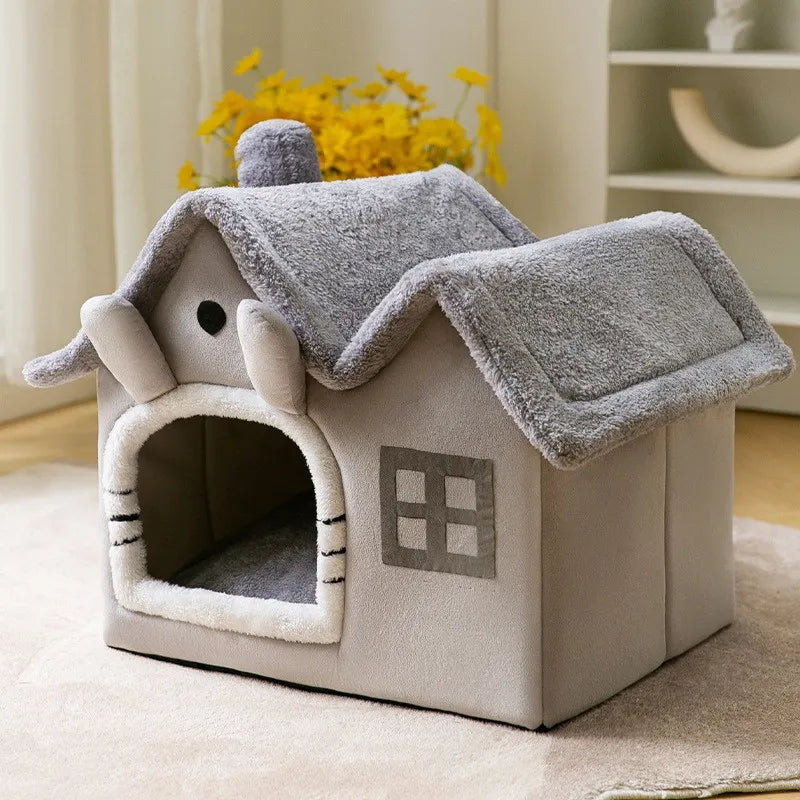 Soft Cat Bed Deep Sleep House Dog Cat Winter House Removable Cushion Enclosed Pet Tent For Kittens Puppy Cama Gato Supplies Upgraded Gray