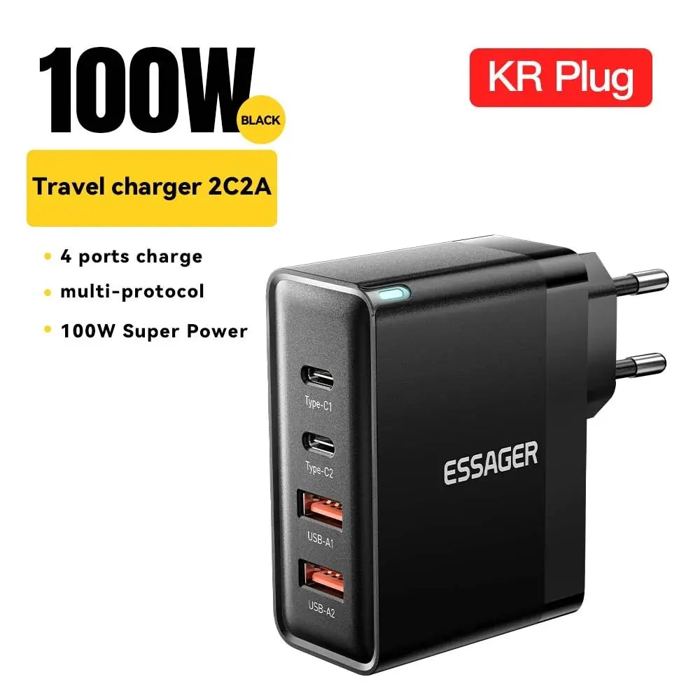 Essager 100W GaN USB Type C Caricabatterie PD QC Quick Charge 4.0 3.0 Type C Ricarica Rapida Per iPhone 14 13 12 Xiaomi Macbook KR Black
