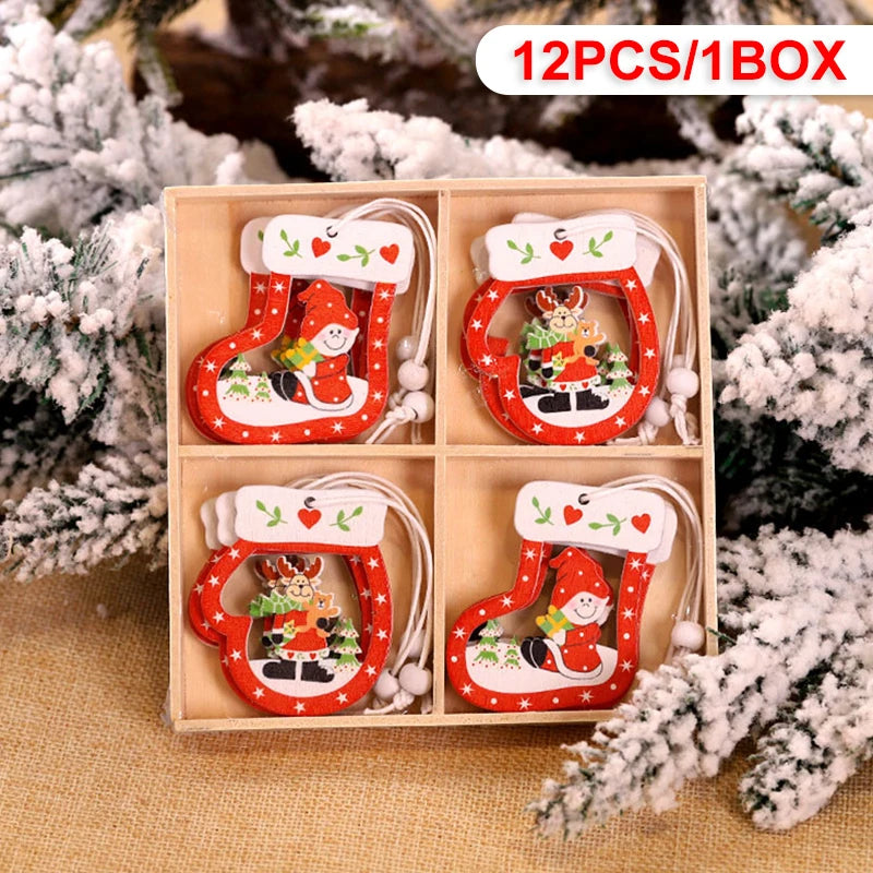 Wooden Christmas Pendant Merry Christmas Decoration for Home 2023 Navidad Xmas Tree Hanging Ornaments Kids Gifts New Year 2024 12pcs-R