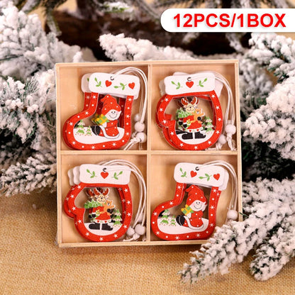 Wooden Christmas Pendant Merry Christmas Decoration for Home 2023 Navidad Xmas Tree Hanging Ornaments Kids Gifts New Year 2024 12pcs-R