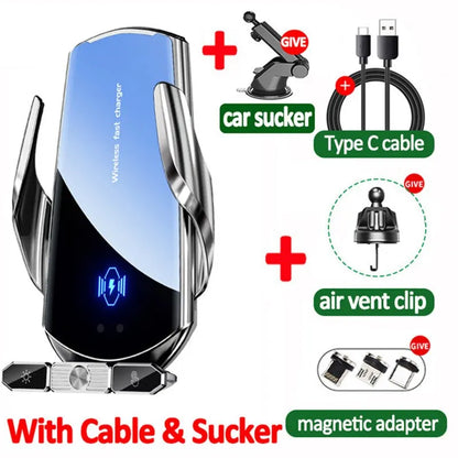 Car Wireless Charger Magnetic Fast Charging Station Air Vent Stand Car Phone Holder Mount For iPhone 15 14 13 12 Samsung Xiaomi Silver With Sucker