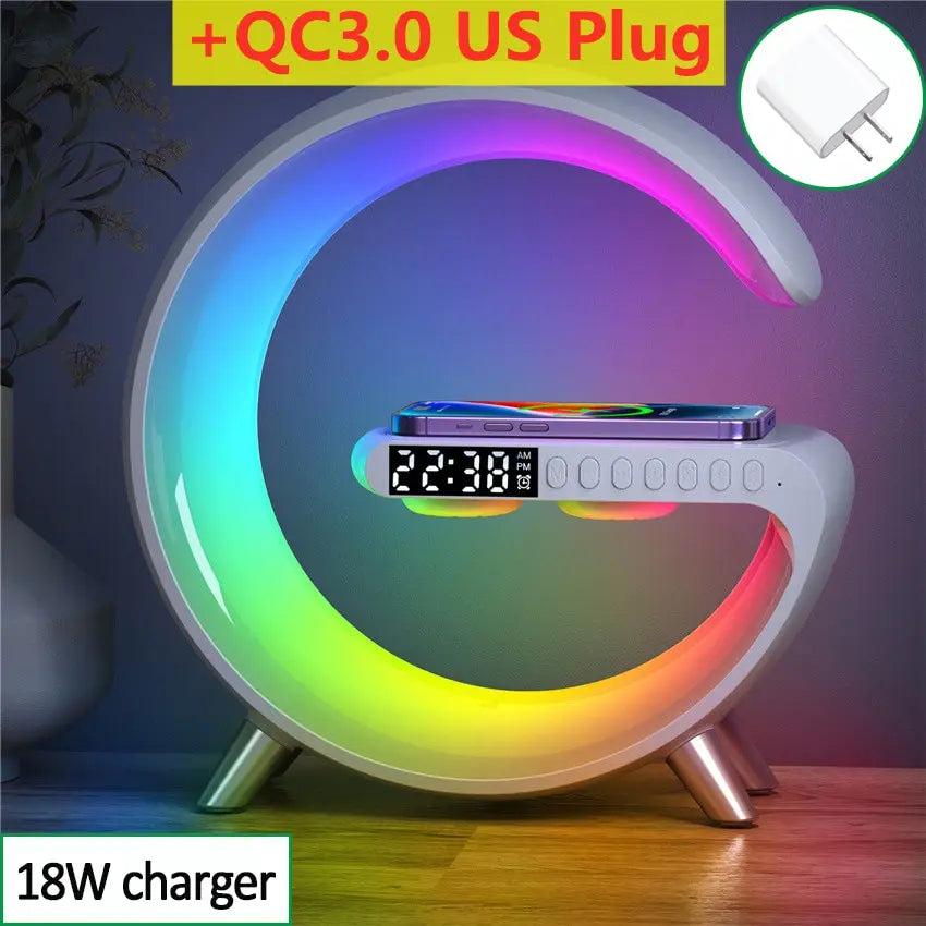 Multifunctional Wireless Charger Stand Alarm Clock Speaker APP RGB Light Fast Charging Station for iPhone X 11 12 13 14 Samsung white with US plug