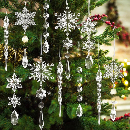 10Pcs Christmas Acrylic Snowflake Simulation Ice Pendants Xmas Tree Hanging Ornament 2024 New Year Christmas Decoration for Home Transparent