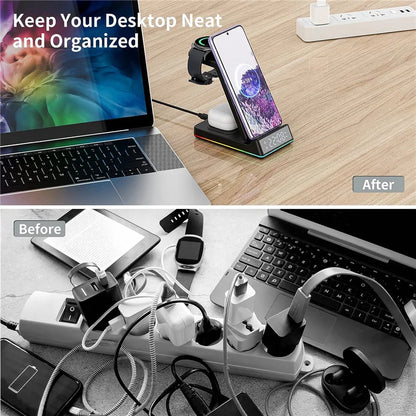 5 In 1 15W Foldable Wireless Charger Stand RGB LED Clock Fast Charging Station Dock for iPhone Samsung Galaxy Watch 5/4 S22 S21