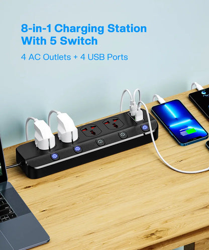 2500W Power Strip Overload Protection With 4 Universal Socket 5 Swich 4 USB Charging Ports USB C Charger 1.97M Extension Cable