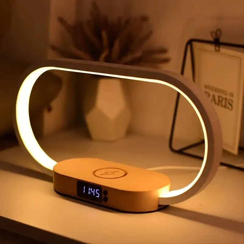 Multifunction Wireless Charger Pad Stand Clock LED Desk Lamp Night Light USB Port Fast Charging Station Dock for iPhone Samsung Wooden