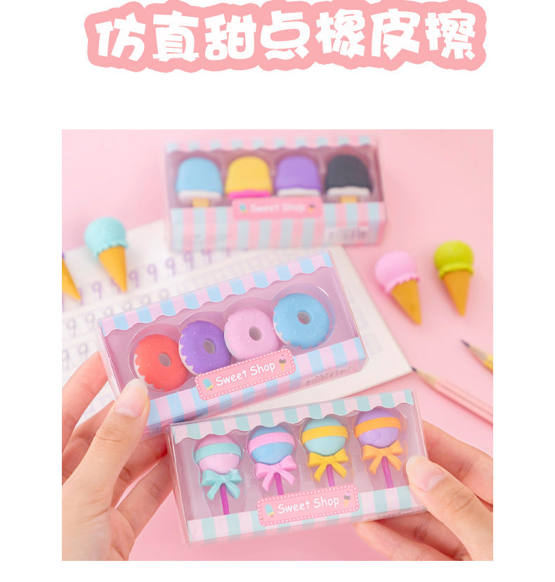 4pcs Yummy Icecream Erasers Set Mini Lollipop Dessert Popsicle Donuts Rubber Pencil Eraser for Kids Gift School Student Award