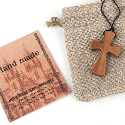 Olive Wood Pendant Long Adjustable Black Leather Rope Necklace Cross-shape Pendant Christian Gifts for Men and Women