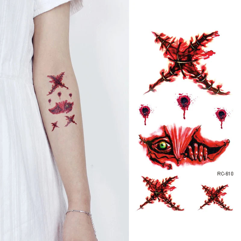 Halloween Waterproof Temporary Tattoos Paper For Men Women Boy Scar Wound Realistic Blood Injury Fash Tattoo Sticker RC-610