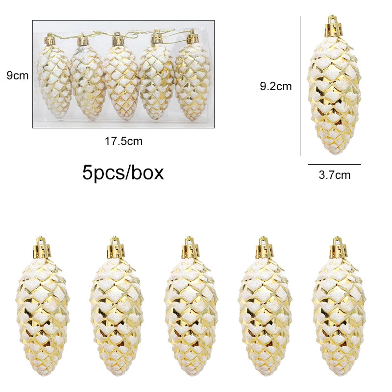 5Pcs Painted Christmas Pine Cone Xmas Tree Hanging Ornament Pendants Merry Christmas Decoration for Home Navidad New Year Gift gold