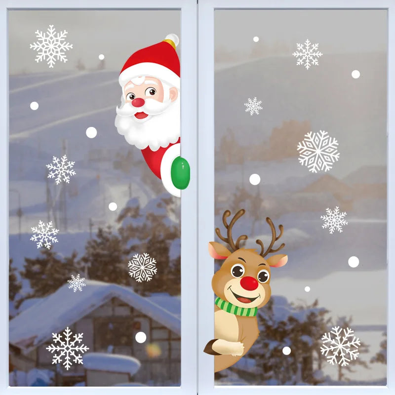 1Set Santa Claus Snowman Elk Window Stickers Snowflake Electrostatic Wall Sticker 2024 Christmas Decoration For Home New Year set8