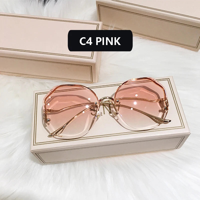 2023 Fashion Tea Gradient Sunglasses Women Ocean Water Cut Trimmed Lens Metal Curved Temples Sun Glasses Female UV400 C4 Adult