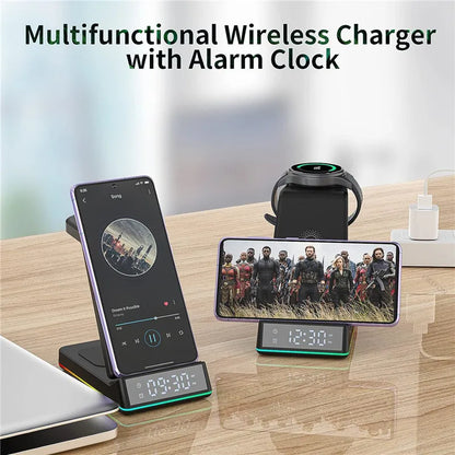 5 In 1 15W Foldable Wireless Charger Stand RGB LED Clock Fast Charging Station Dock for iPhone Samsung Galaxy Watch 5/4 S22 S21