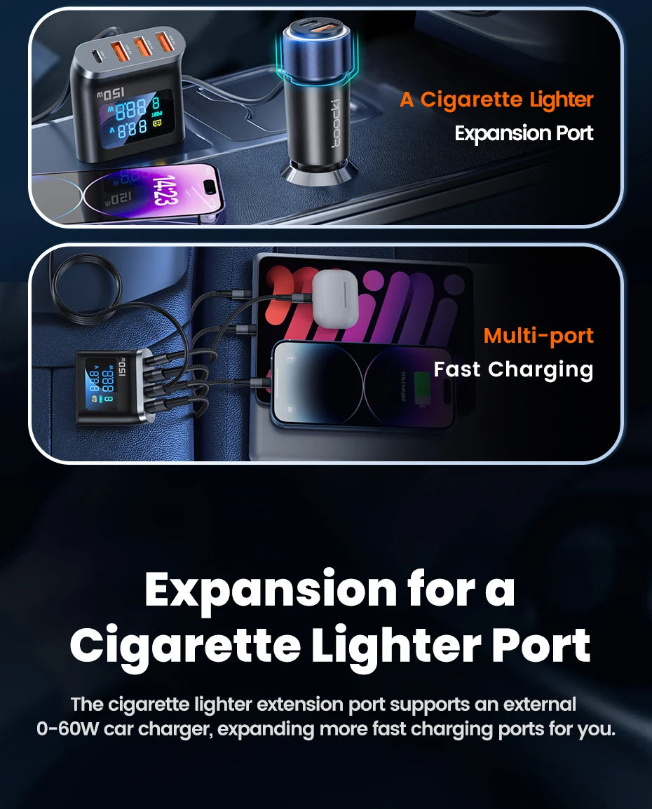 Toocki 150W 5 in 1 Car Charger Fast Charge USB Type C QC PD 3.0 1 Socket Cigarette Lighter Splitter Chargers DC Cigarette Outlet