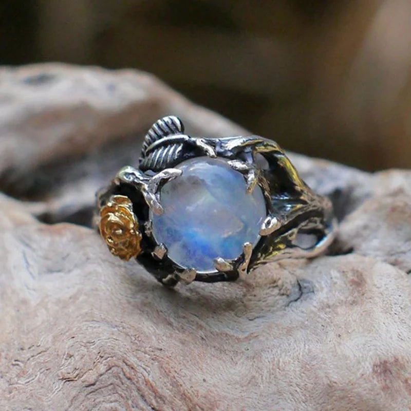 Vintage Moonstone Ring For Women Black Jewelry Gold Flower Finger Ring Female Charming Jewelry Wedding Statement Opal Ring