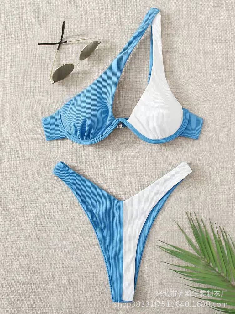 Sexy Bikinis Swimsuits Cut Out Women's Swimwear 2023 One Shoulder Biquini High Cut Bathing Suits Push Up Beach Bikini Set Blue White