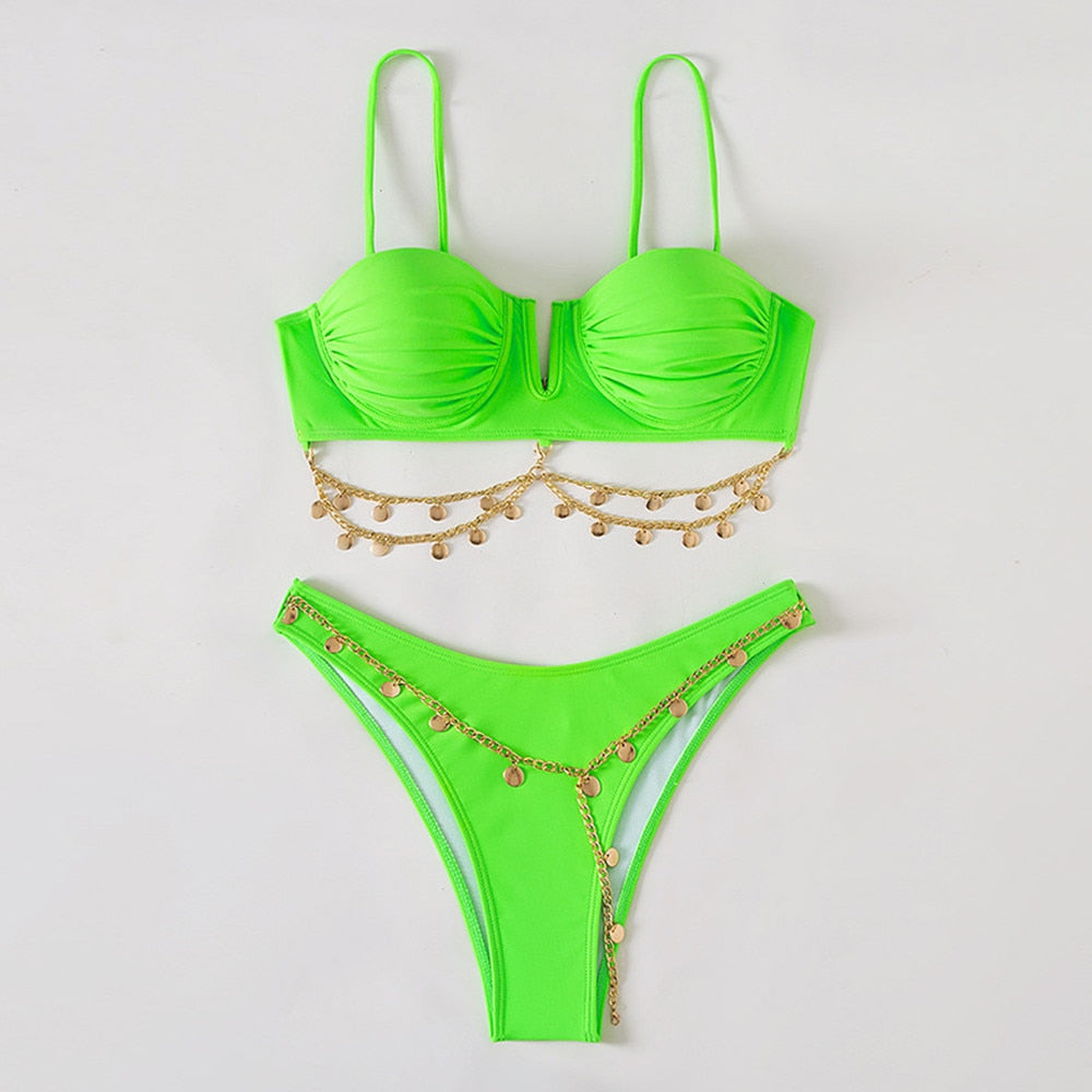 Sexy Luxury Bikini 2023 Women Crystal Rhinestones Push Up Micro Swimsuit Metal Chain Diamond High Cut Thong Swimwear Green