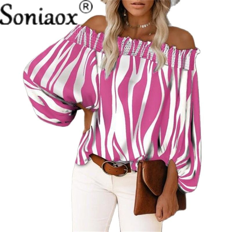 Sexy Off Shoulder Stripe Print Chiffon Shirt Women Fashion One Neck Lantern Long Sleeve Pullover Tops Street Vintage Lady Blouse Pink