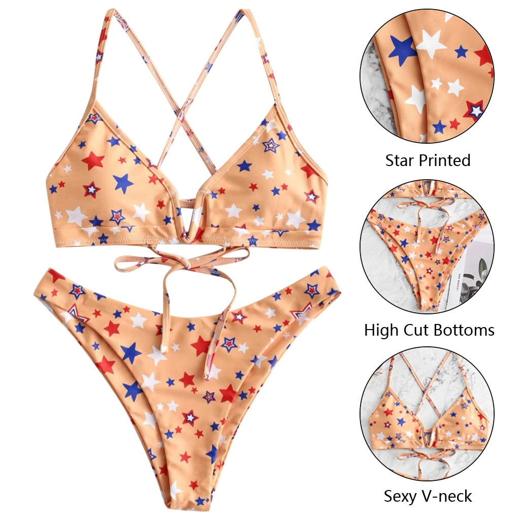 Sexy Push Up Bikinis Set Swimwear Women Swimsuits Bathing Suit Women Halter biquini Star Printed Beach Wear Bikini