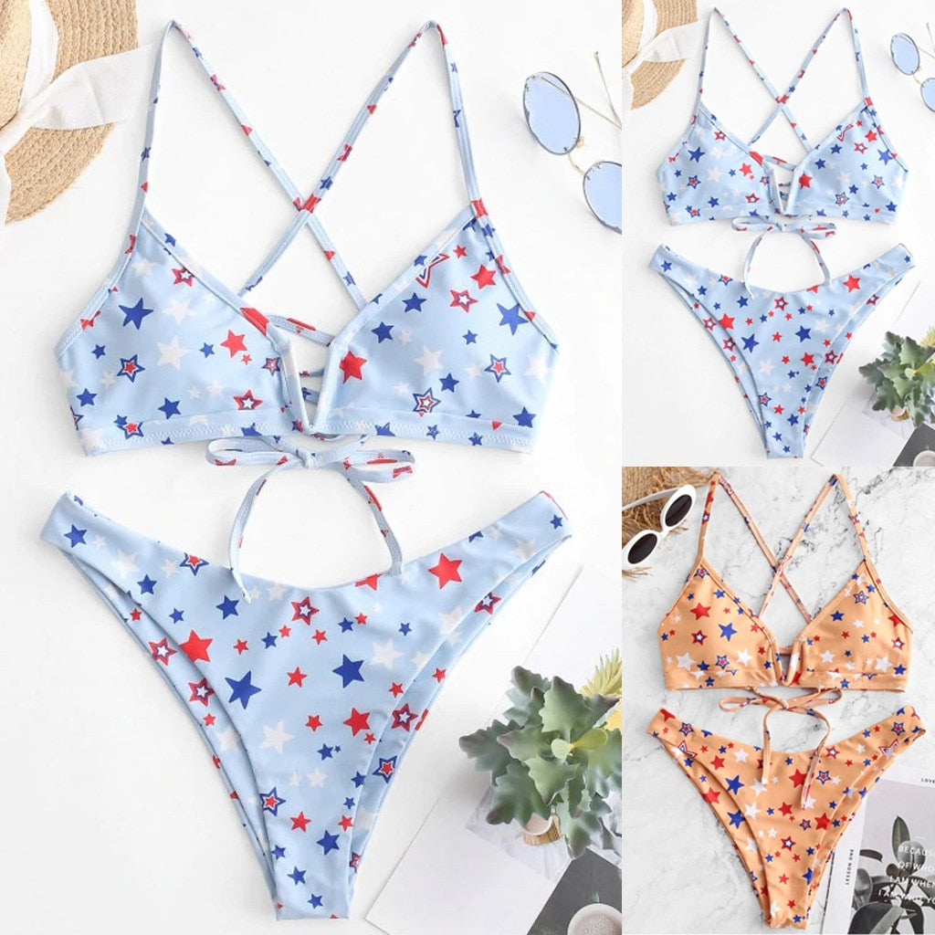 Sexy Push Up Bikinis Set Swimwear Women Swimsuits Bathing Suit Women Halter biquini Star Printed Beach Wear Bikini