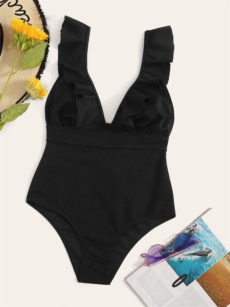 Sexy Solid One Piece Swimsuit 2023 Women Push Up Lace Up Bandage Bodysuit Brazilian Deep V Neck Backless Bathing Suit Swimwear Black