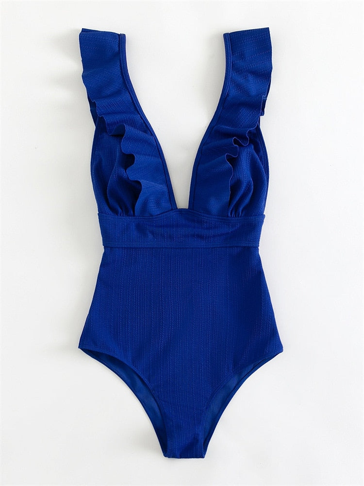 Sexy Solid One Piece Swimsuit 2023 Women Push Up Lace Up Bandage Bodysuit Brazilian Deep V Neck Backless Bathing Suit Swimwear Blue