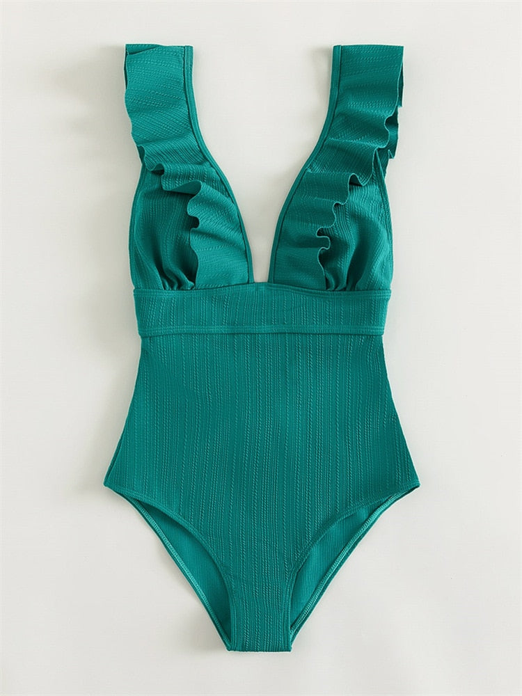 Sexy Solid One Piece Swimsuit 2023 Women Push Up Lace Up Bandage Bodysuit Brazilian Deep V Neck Backless Bathing Suit Swimwear Green