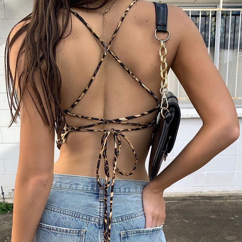 Sexy Tanks Crop Top Women Leopard Backless Bandage Lace-up Summer Sling Open Back Camisoles Vest fashion streetwear