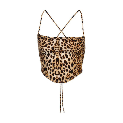 Sexy Tanks Crop Top Women Leopard Backless Bandage Lace-up Summer Sling Open Back Camisoles Vest fashion streetwear