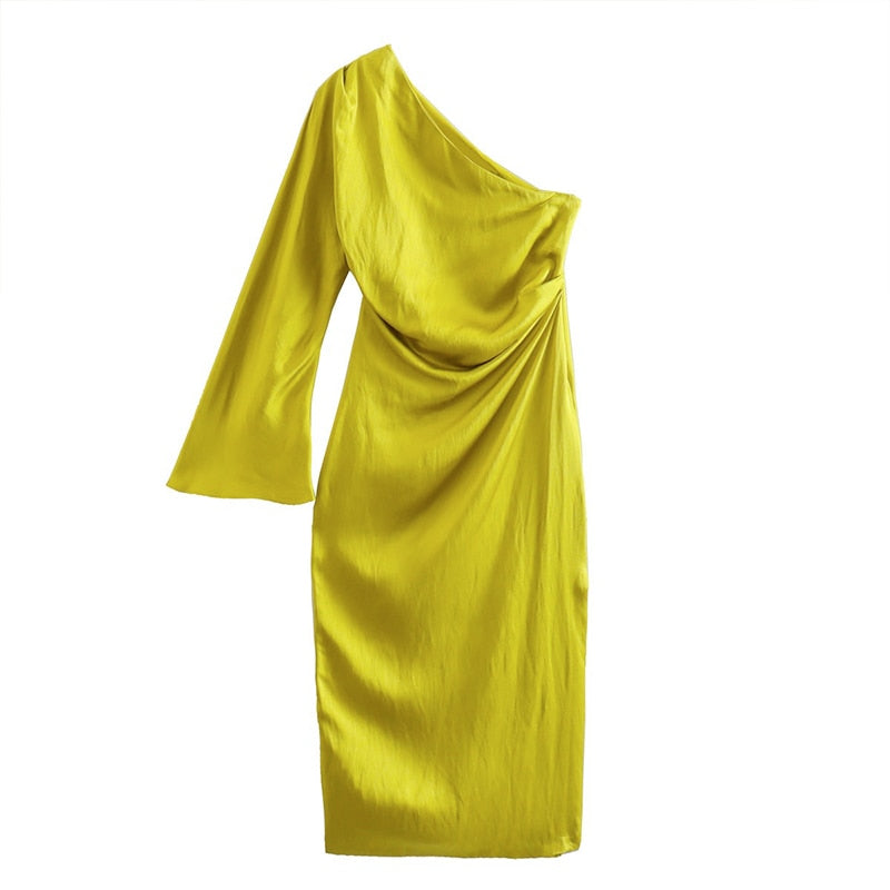 Sexy Women One Shoulder Long Sleeve Dresses Elegant Backless Split Side Slit Bodycon Dress Fashion Pleated Ladies Robe Yellow