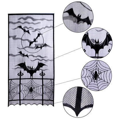 OurWarm Halloween Bat Spider Curtains for Black Doorway Decoration Sheer Lace Window Drapes Party Festival Supplies Home Decor