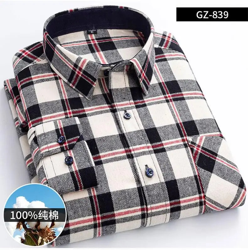 Long Sleeve Regular Fit Home New Spring Autumn 100% Cotton Plaid Mens Shirts Casual for Man Clothes Plus Size 839