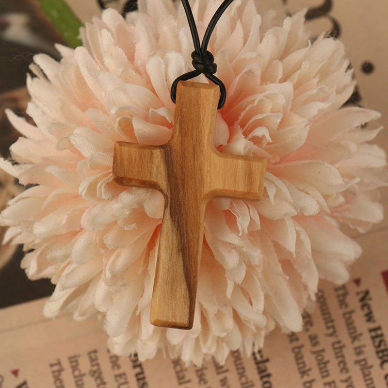 Olive Wood Pendant Long Adjustable Black Leather Rope Necklace Cross-shape Pendant Christian Gifts for Men and Women