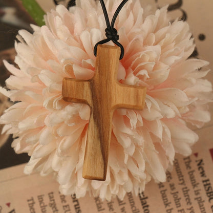 Olive Wood Pendant Long Adjustable Black Leather Rope Necklace Cross-shape Pendant Christian Gifts for Men and Women