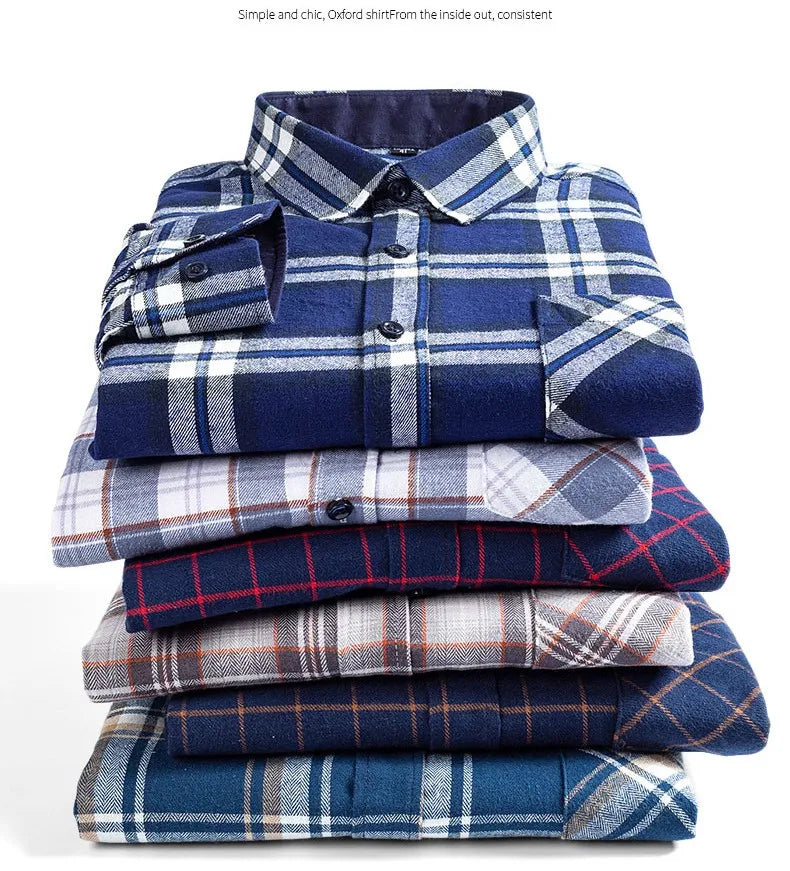 Long Sleeve Regular Fit Home New Spring Autumn 100% Cotton Plaid Mens Shirts Casual for Man Clothes Plus Size