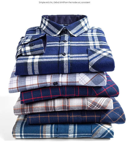 Long Sleeve Regular Fit Home New Spring Autumn 100% Cotton Plaid Mens Shirts Casual for Man Clothes Plus Size