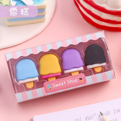 4pcs Yummy Icecream Erasers Set Mini Lollipop Dessert Popsicle Donuts Rubber Pencil Eraser for Kids Gift School Student Award C