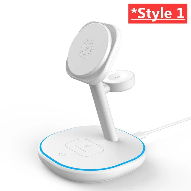 3 in 1 Magnetic Wireless Charger Stand Pad 15W Fast Charging Station Dock for iPhone 14 13 12 Pro Max Mini IWatch 8 7 6 Airpods White Style 1