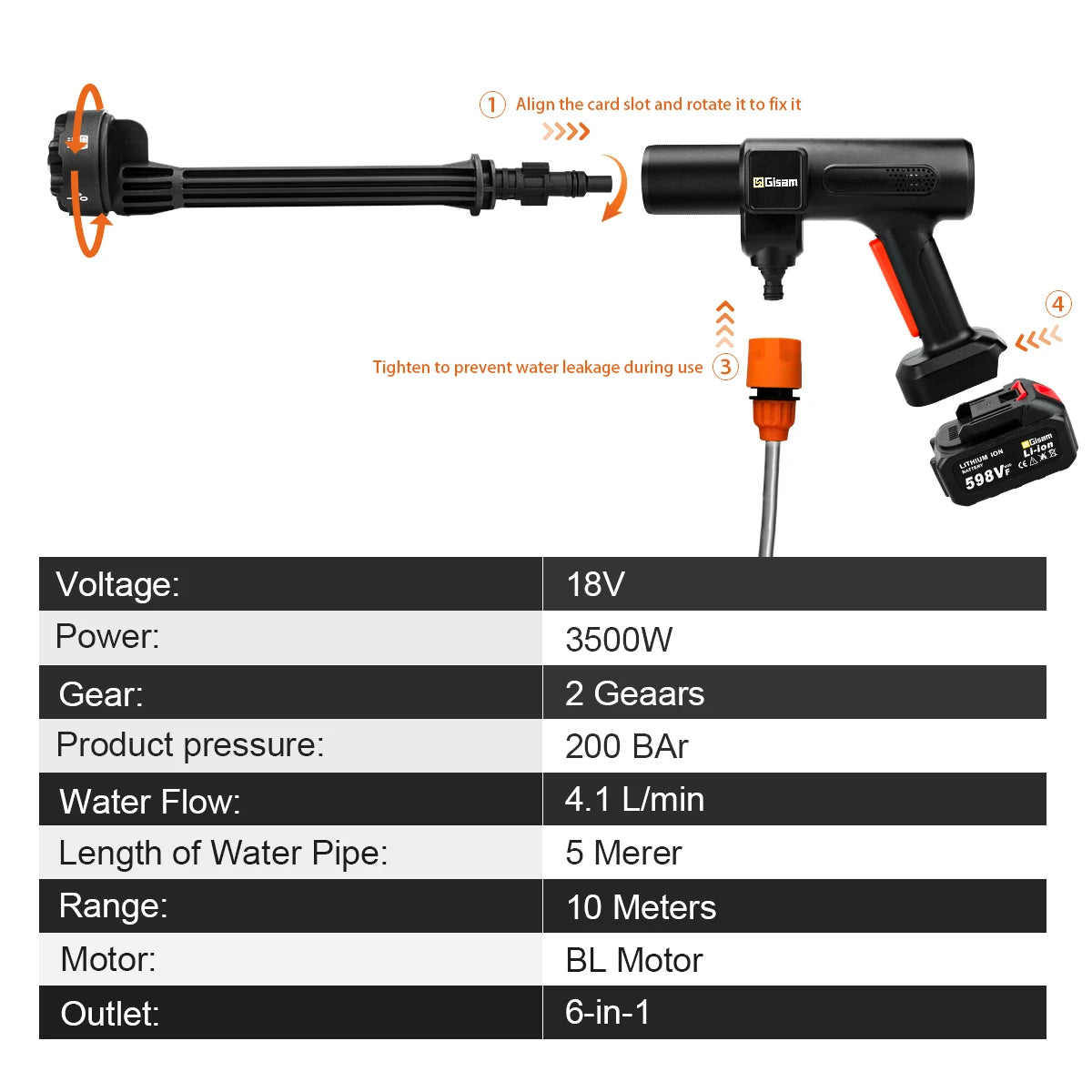 200Bar Brushless Cordless Electric High Pressure Washer 6-in-1 Car Washing Garden Water Gun for Makita 18V Battery Spray Gun