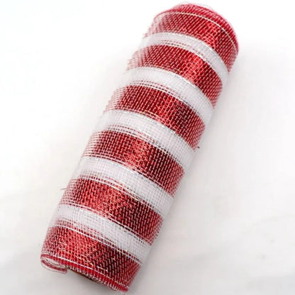 10Yard Christmas Red White Metallic Mesh Ribbon Xmas Tree Candy Cane Decoration Ornament DIY Wreath Bow 2024 New Year Gift 26cm