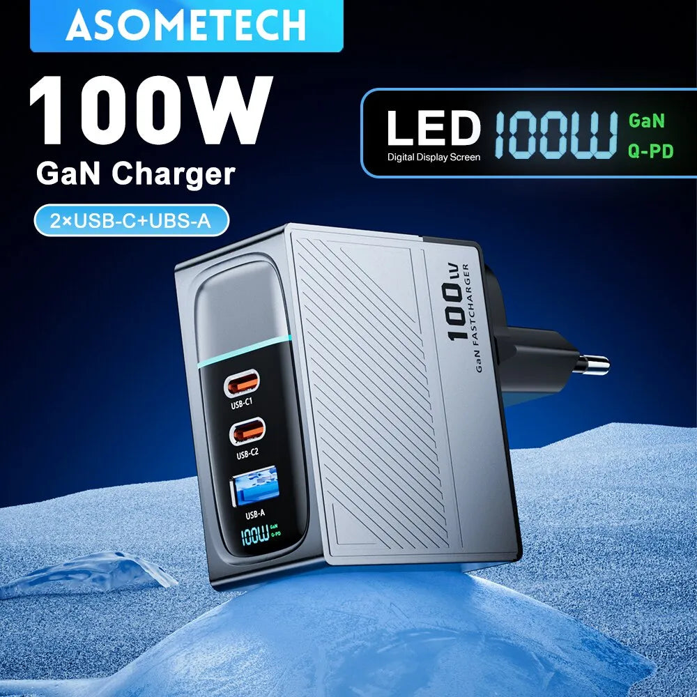 ASOMETECH 100W GaN Charger QC4.0 PD 67W 65W PPS Display Portable Multi USB Type C Fast Charger For Laptop Tablet iPhone Samsung