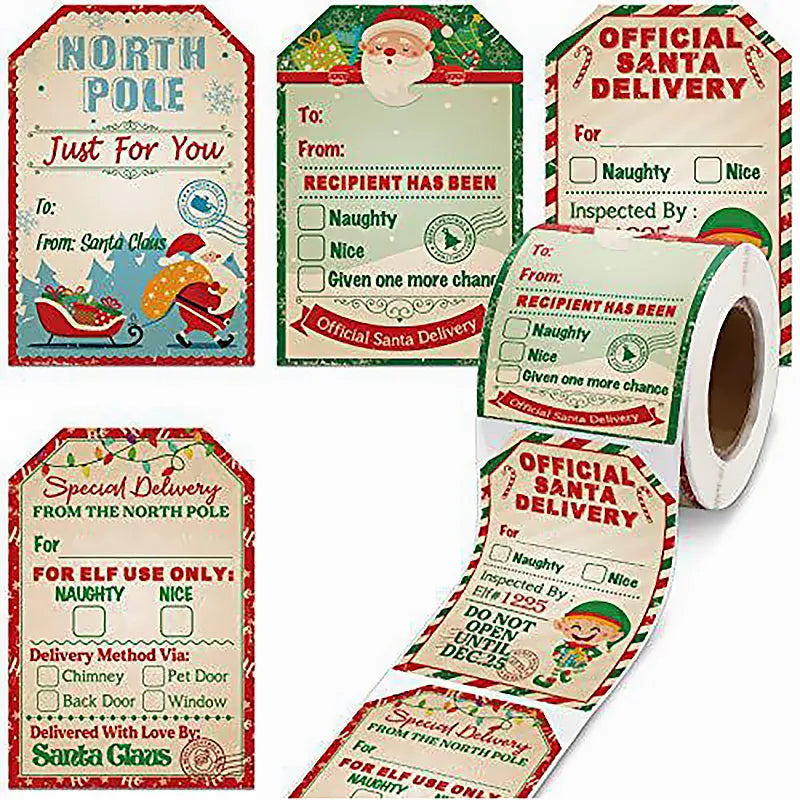200pcs Merry Christmas Gift Tags Santa Claus Labels Stickers Holiday Decoration "To From" Gift From Santa Cards Present Decor A