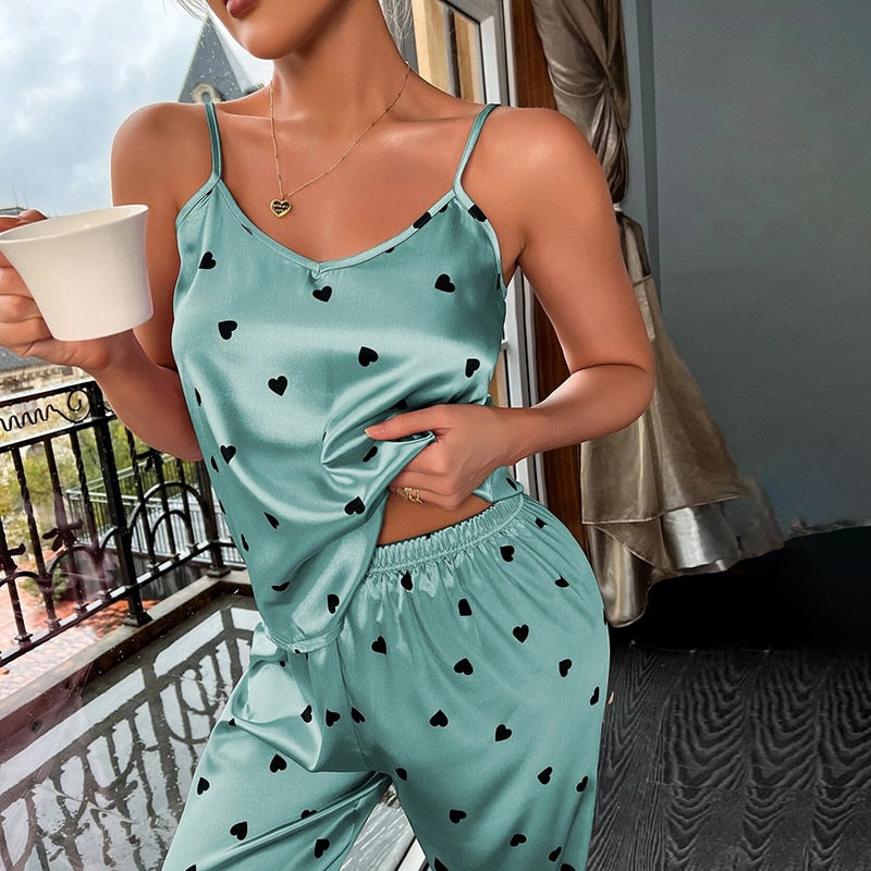 Silk Lingerie Pajama Set for Women 0419C Green