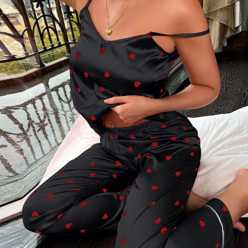 Silk Lingerie Pajama Set for Women Black Red