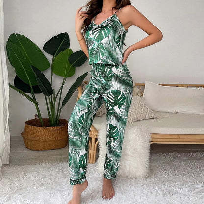 Silk Lingerie Pajama Set for Women 0419C Green White