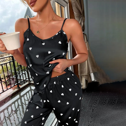 Silk Lingerie Pajama Set for Women Black White